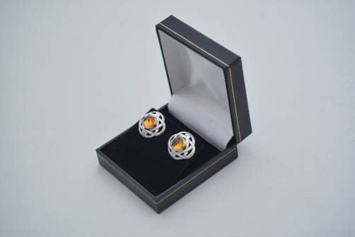 Pair Celtic knot earrings sterling silver & amber, 1980`s ca, English